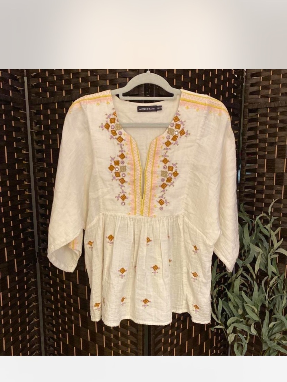 Antik Batik Cream Tunic with Yellow and Brown Embroidery